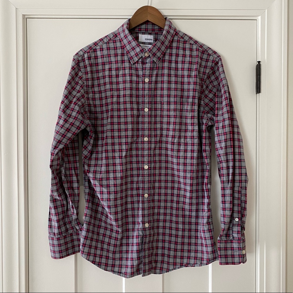 Sonoma Men's Button-Down Shirt Modern Fit – Navy, Red, Gray Plaid